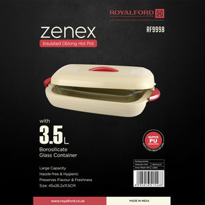 Royalford RF9998 Zenex 3.5L Insulated Oblong Hot Pot with Borosilicate Glass | Super PU insulation | Ergonomic lid handle  | Easy-to-clean glass container | Durable