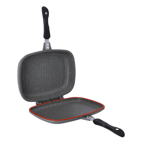 Royalford RF9999 Double Grill Pan 32cm | Smart Granite Series Die Cast Aluminium Non Stick Grill Pan | Durable Granite Coating | Magnet Lock Handles | Two Sided Cooking