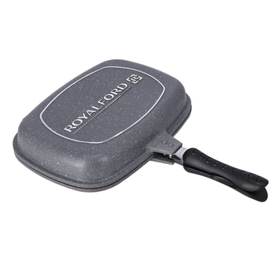 Royalford RF9999 Double Grill Pan 32cm | Smart Granite Series Die Cast Aluminium Non Stick Grill Pan | Durable Granite Coating | Magnet Lock Handles | Two Sided Cooking