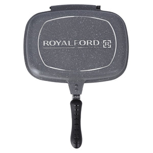 Royalford RF9999 Double Grill Pan 32cm | Smart Granite Series Die Cast Aluminium Non Stick Grill Pan | Durable Granite Coating | Magnet Lock Handles | Two Sided Cooking