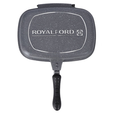 Royalford RF9999 Double Grill Pan 32cm | Smart Granite Series Die Cast Aluminium Non Stick Grill Pan | Durable Granite Coating | Magnet Lock Handles | Two Sided Cooking