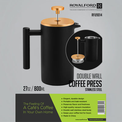 Royalford RFU9014 Double Wall Coffee Press | 800ml 27oz  Stainless Steel Vacuum Insulated French Press |  Elegant Matte Finish for Home , Office  and Travel Use