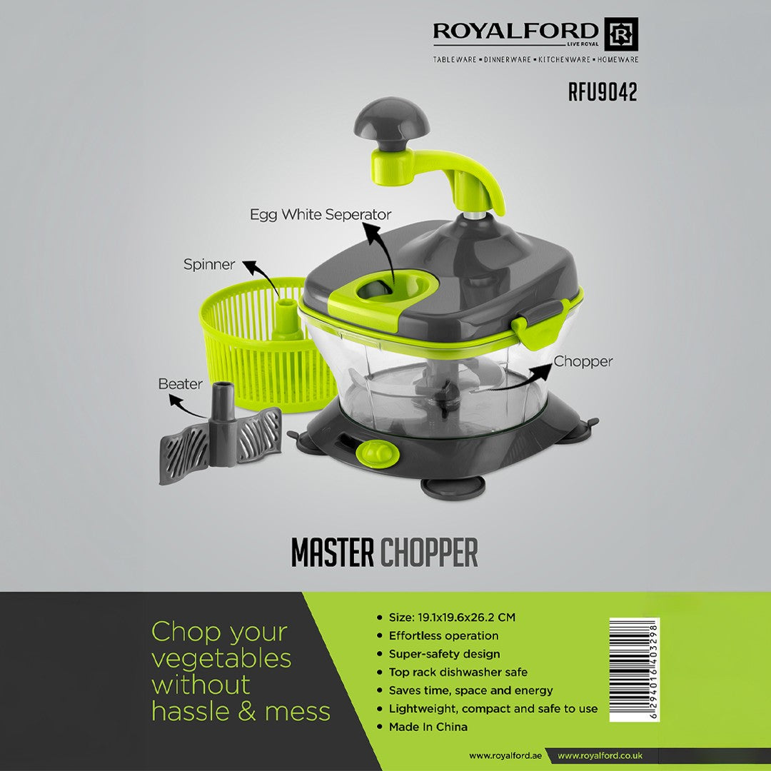 Royalford RFU9042 Master Chopper |  Multi-Purpose Manual Food Processor | Chopper, Beater & Spinner | Egg White Separator | Safety Lock | Easy Vegetable Chopping