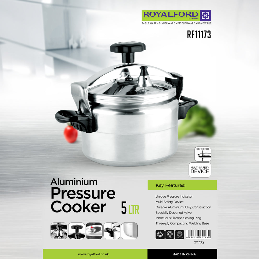 Royalford 5 Litre Aluminum Pressure Cooker RF11173 | Durable High Thickness Body |Three-Ply Base | Multi-Safety Device|  Safe Silicone Sealing Ring for Efficient Cooking