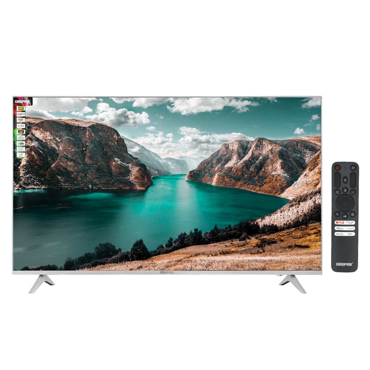 Geepas 65" Ultra HD LED TV- GLED6569SWUHD/ Gaming Supported, User Friendly with Voice Assistant/ with Remote Control, HDMI and USB Ports/ Bluetooth, App Store, Apple AirPlay/ Slim Design