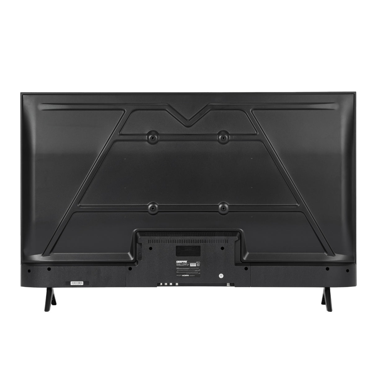 Geepas 43" Full HD Smart LED TV (GLED4324SFHD) with Android 14, HQ sound, frameless design, HDMI/USB ports, AV mode, and remote control.
