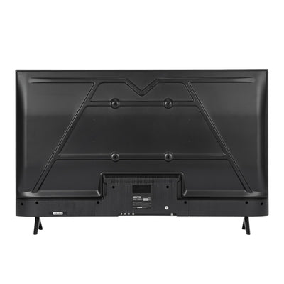 Geepas 43" Full HD Smart LED TV (GLED4324SFHD) with Android 14, HQ sound, frameless design, HDMI/USB ports, AV mode, and remote control.