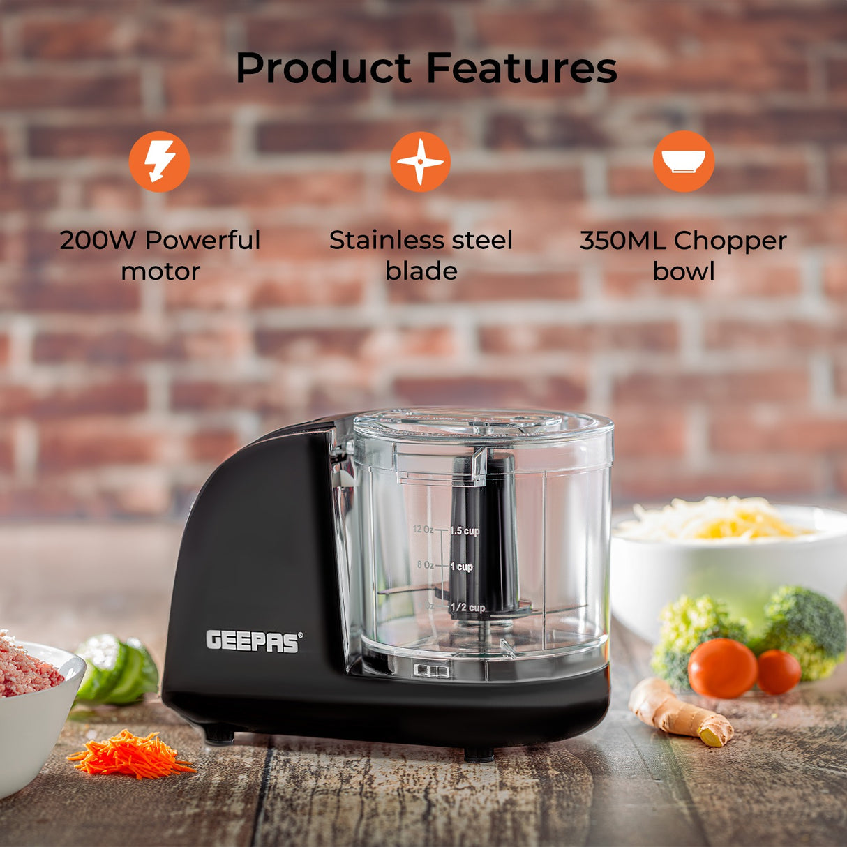 Geepas 350 ml Multi Chopper- GMC42028 | 100W Compact Chopper with Mincing, Coarse & Fine Options | Suitable for Vegetables, Fruits & Meat | Black, 2-Year Warranty
