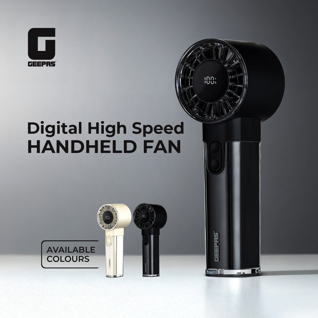 Geepas Digital High Speed Handheld Fan- GF21226/ 100 Wind Levels, 2-10 Hours Long Working Time/ Small, Lightweight, Portable Design, for Women and Men, Makeup Artist