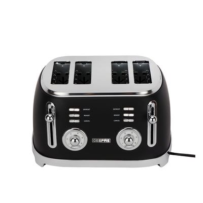 Geepas GBT36564UK-BK 4 Slice Toaster | Powerful 1500W Metal Body | 6 Browning Levels | Removable Crumb Tray | Defrost, Reheat & Cancel Functions with Cord Storage