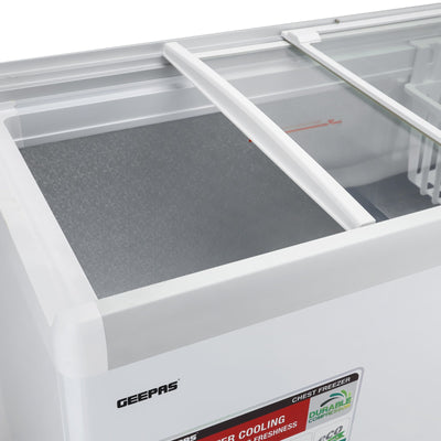 Geepas GCF4220SG Chest Showcase Freezer |425L Convertible Freezer & Fridge| Adjustable Thermostat| Sliding Glass Door| Fast Freezing Function| Lock & Key| 1-Year Warranty