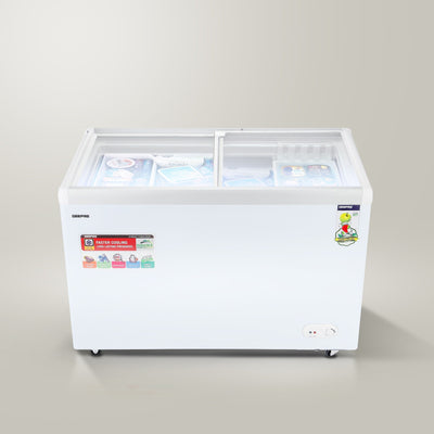 Geepas GCF4220SG Chest Showcase Freezer |425L Convertible Freezer & Fridge| Adjustable Thermostat| Sliding Glass Door| Fast Freezing Function| Lock & Key| 1-Year Warranty