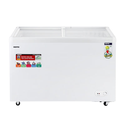 Geepas GCF4220SG Chest Showcase Freezer |425L Convertible Freezer & Fridge| Adjustable Thermostat| Sliding Glass Door| Fast Freezing Function| Lock & Key| 1-Year Warranty