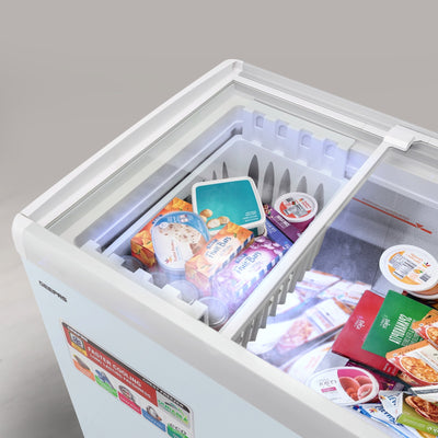 Geepas GCF3523SG Chest Showcase Freezer|360L Convertible Freezer & Fridge| Adjustable Thermostat |Sliding Glass Doors| Fast Freezing Function| Lock & Key |1-Year Warranty