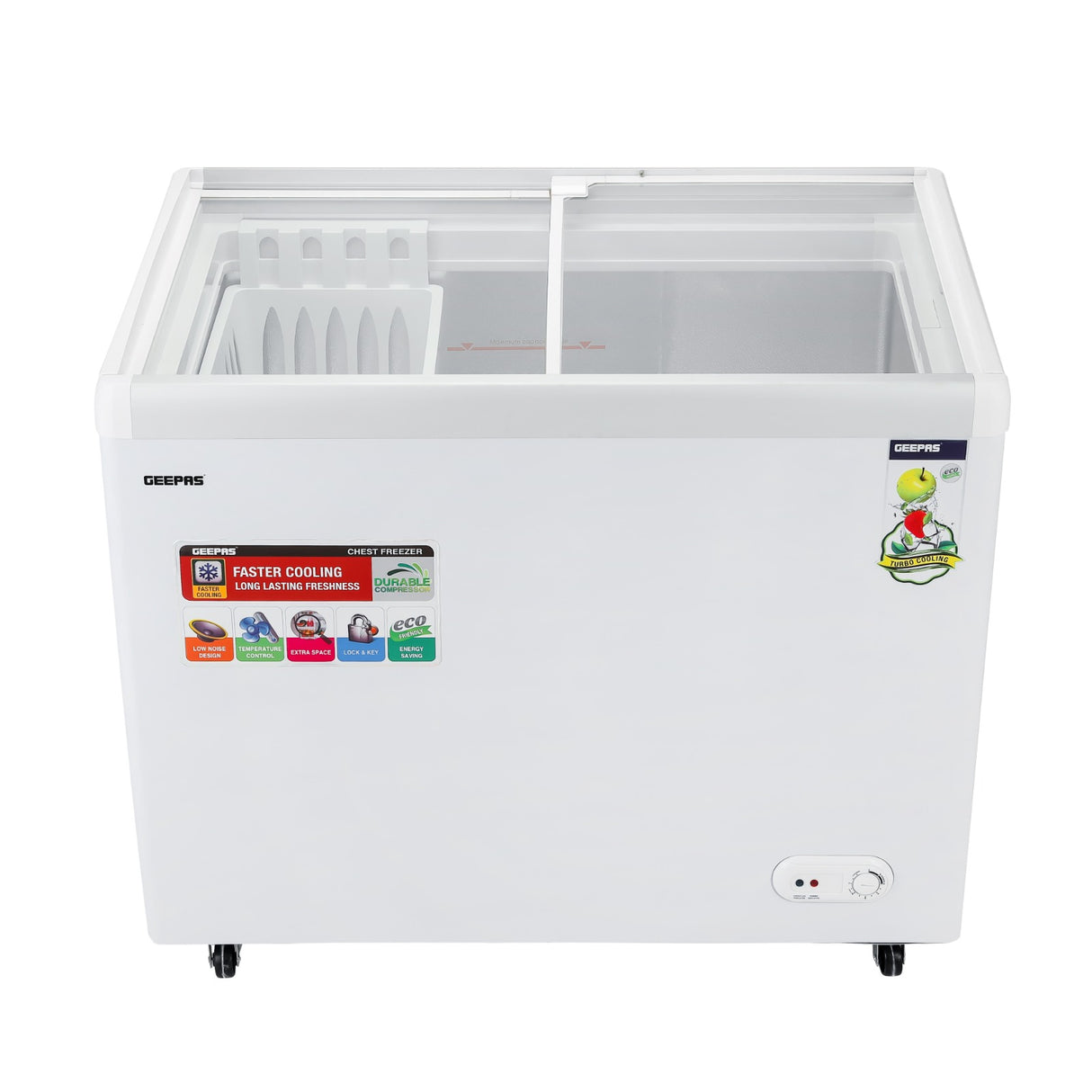Geepas GCF3523SG Chest Showcase Freezer|360L Convertible Freezer & Fridge| Adjustable Thermostat |Sliding Glass Doors| Fast Freezing Function| Lock & Key |1-Year Warranty