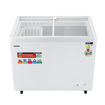 Geepas GCF3523SG Chest Showcase Freezer|360L Convertible Freezer & Fridge| Adjustable Thermostat |Sliding Glass Doors| Fast Freezing Function| Lock & Key |1-Year Warranty