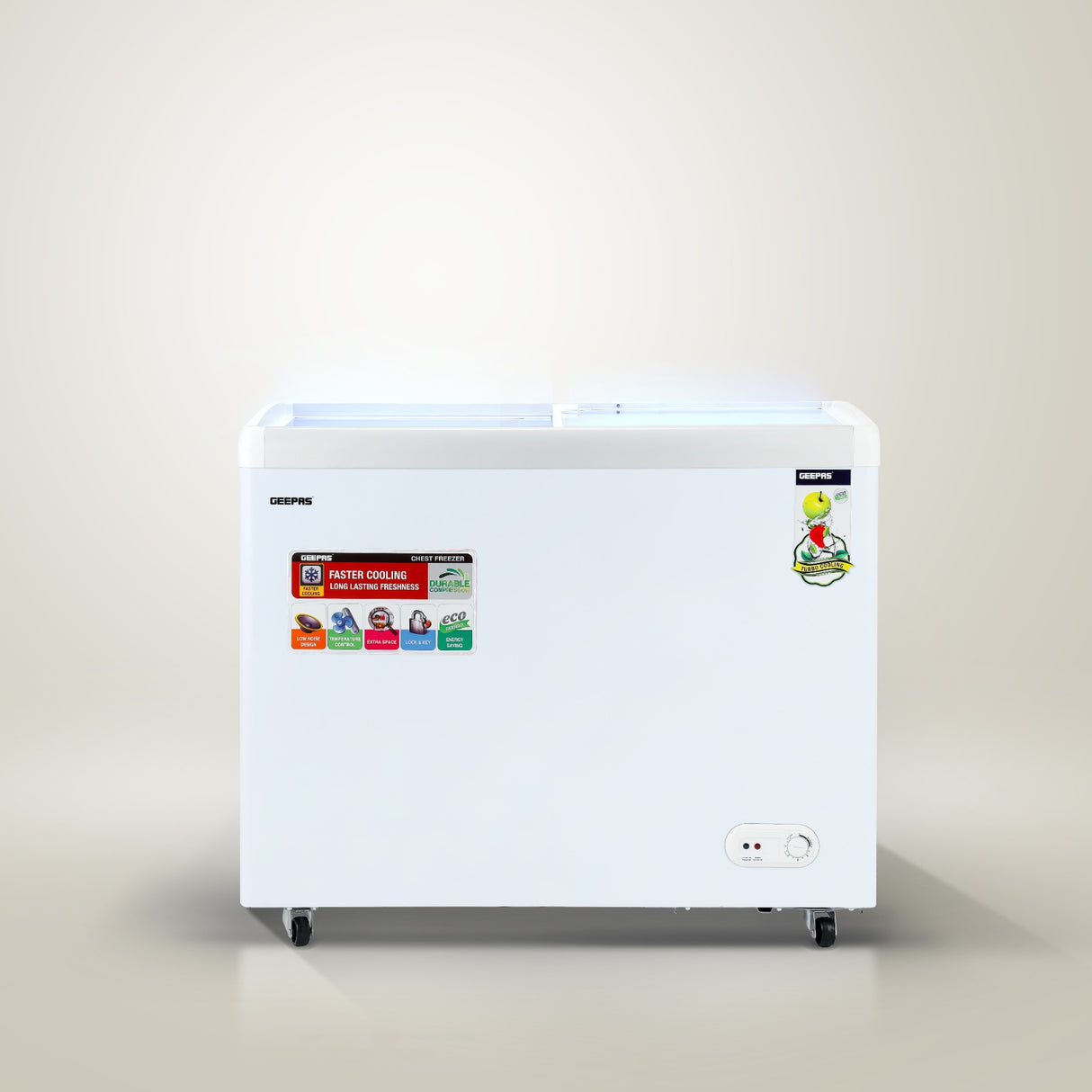 Geepas GCF3523SG Chest Showcase Freezer|360L Convertible Freezer & Fridge| Adjustable Thermostat |Sliding Glass Doors| Fast Freezing Function| Lock & Key |1-Year Warranty