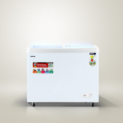 Geepas GCF3523SG Chest Showcase Freezer|360L Convertible Freezer & Fridge| Adjustable Thermostat |Sliding Glass Doors| Fast Freezing Function| Lock & Key |1-Year Warranty