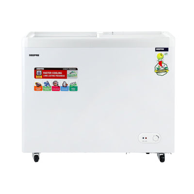 Geepas GCF3523SG Chest Showcase Freezer|360L Convertible Freezer & Fridge| Adjustable Thermostat |Sliding Glass Doors| Fast Freezing Function| Lock & Key |1-Year Warranty