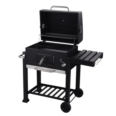 Royalford RF10355 Wheeled Barbecue Stand with Grill | Heavy-Duty Iron Charcoal BBQ Grill with Lid | Built-in Thermometer | Side Shelf | Large Cooking Area for Outdoor Use
