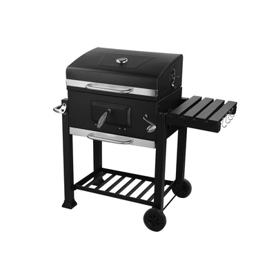 Royalford RF10355 Wheeled Barbecue Stand with Grill | Heavy-Duty Iron Charcoal BBQ Grill with Lid | Built-in Thermometer | Side Shelf | Large Cooking Area for Outdoor Use