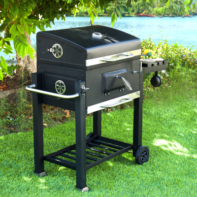 Royalford RF10355 Wheeled Barbecue Stand with Grill | Heavy-Duty Iron Charcoal BBQ Grill with Lid | Built-in Thermometer | Side Shelf | Large Cooking Area for Outdoor Use