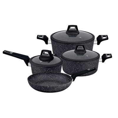 Royalford RF9557 Chef Art Aluminium Cookware Set, 7 Pieces, Black, Scratch Resistant, Tempered Glass Lids with Silicone Ring, 2.5MM Body Thickness, Bakelite Knobs