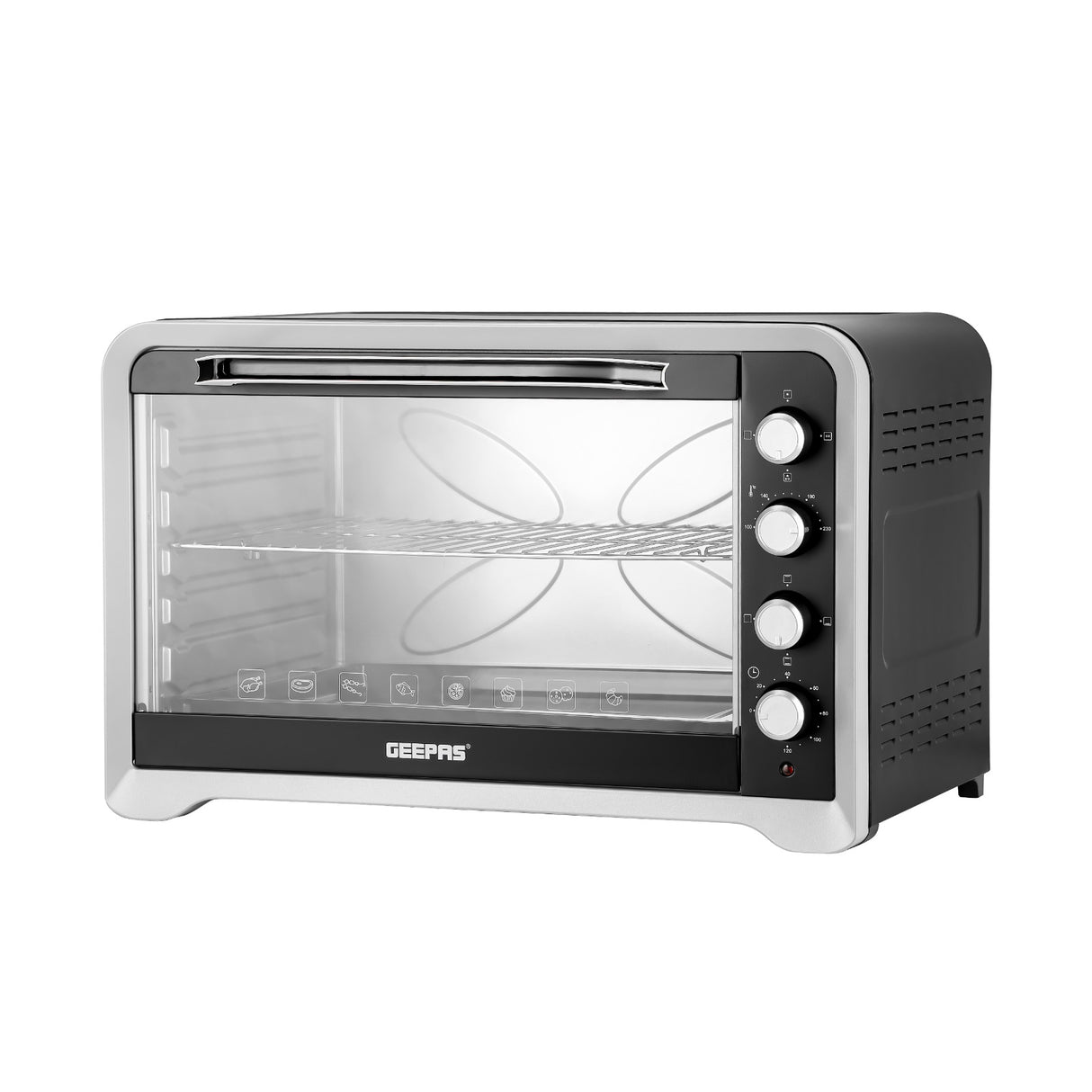 Shop the Geepas 80L Electric Oven with rotisserie, convection function, 120-minute timer, and stainless steel heater. Perfect for roasting, baking, and grilling.
