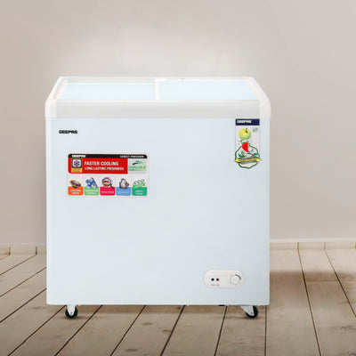 Geepas GCF2622SG Chest Showcase Freezer | 260L  Convertible Freezer & Fridge | Adjustable Thermostat | Sliding Glass Door | Lock & Key | LED Lamp | 1-Year Warranty