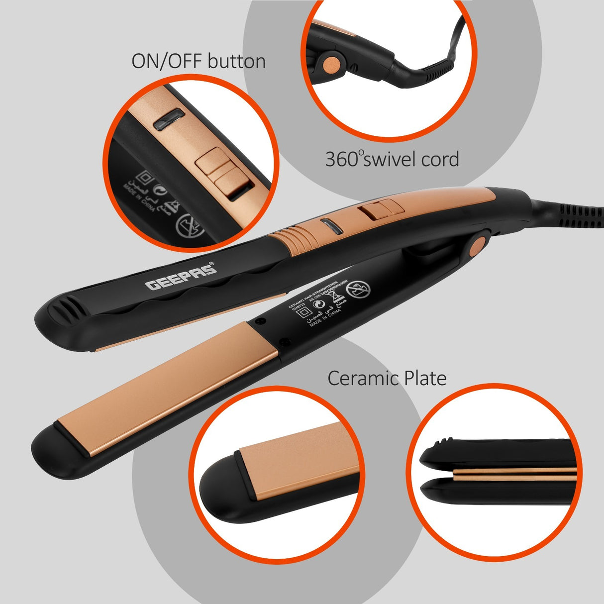 Geepas GH8723 Ceramic Hair Straightener | 210°C Max Temperature| Wet/Dry Function| 360° Swivel Cord| On/Off Switch|  35W Power| Professional Styling| 2 Years Warranty