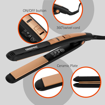 Geepas GH8723 Ceramic Hair Straightener | 210°C Max Temperature| Wet/Dry Function| 360° Swivel Cord| On/Off Switch|  35W Power| Professional Styling| 2 Years Warranty