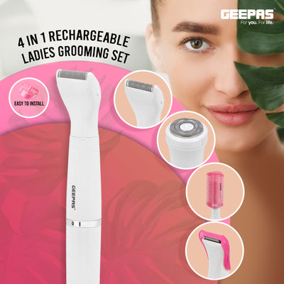 4-In-1 Rechargeable Ladies Grooming Set, GLS86058 | Lip Hair Rotary Shaver, Hair Trimmer, Micro Shaver, Eyebrow Shaping | Stainless Steel Blade | Ni-Mh 600mAhx1 Battery