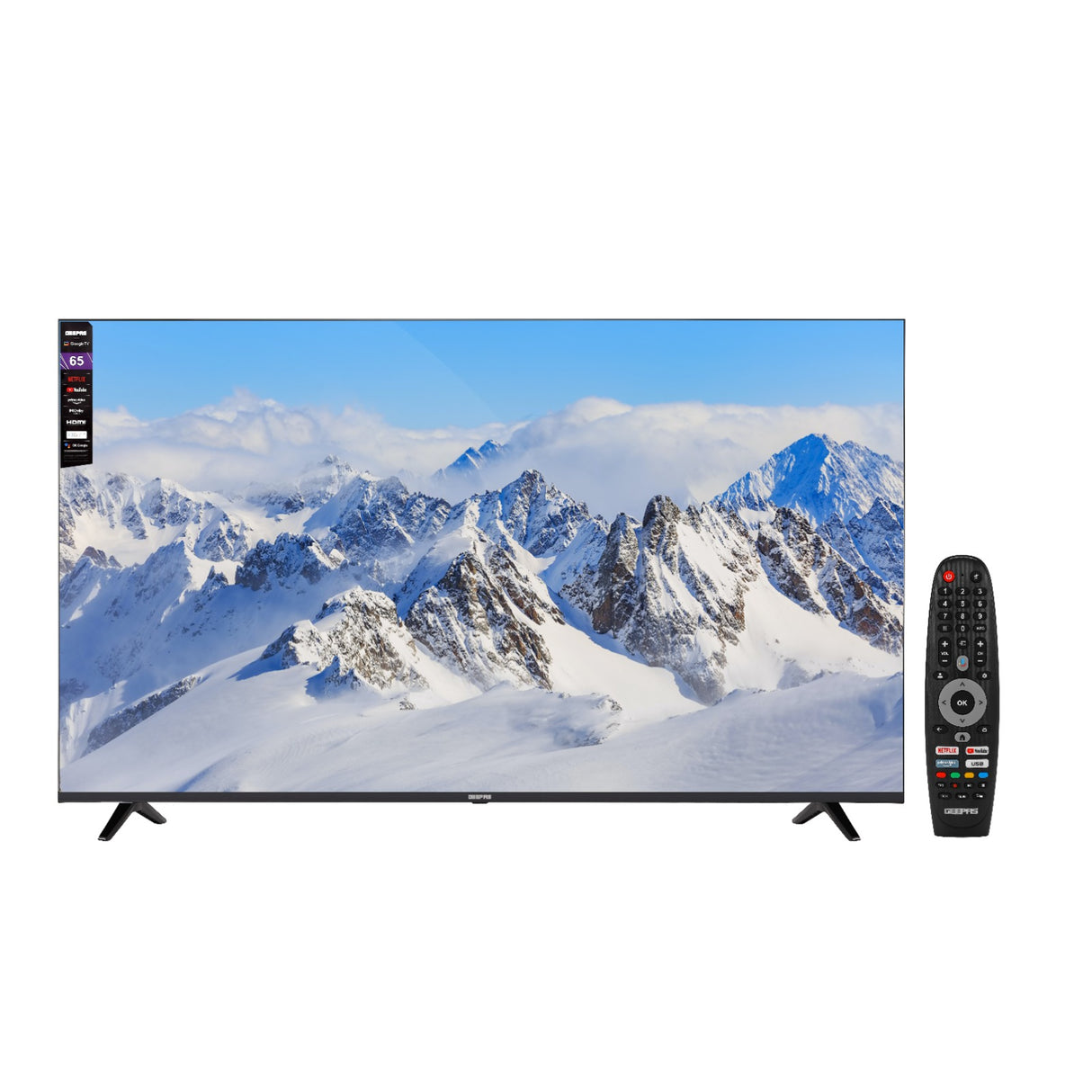 Geepas GLED6523SGXHD 65-Inch Ultra HD Smart LED TV | Google TV with Chromecast Built-In| 4K 3840x2160 Resolution| Dolby Audio|  Slim Design | 2x10W Stereo Speakers