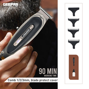 Geepas GTR56044 Rechargeable Hair Clipper |Zero-Cut Stainless Steel T-Blade| LED Display| Li-ion Battery|Type-C Charging| Metal Body| Leather Touch Decor| 2-Year Warranty
