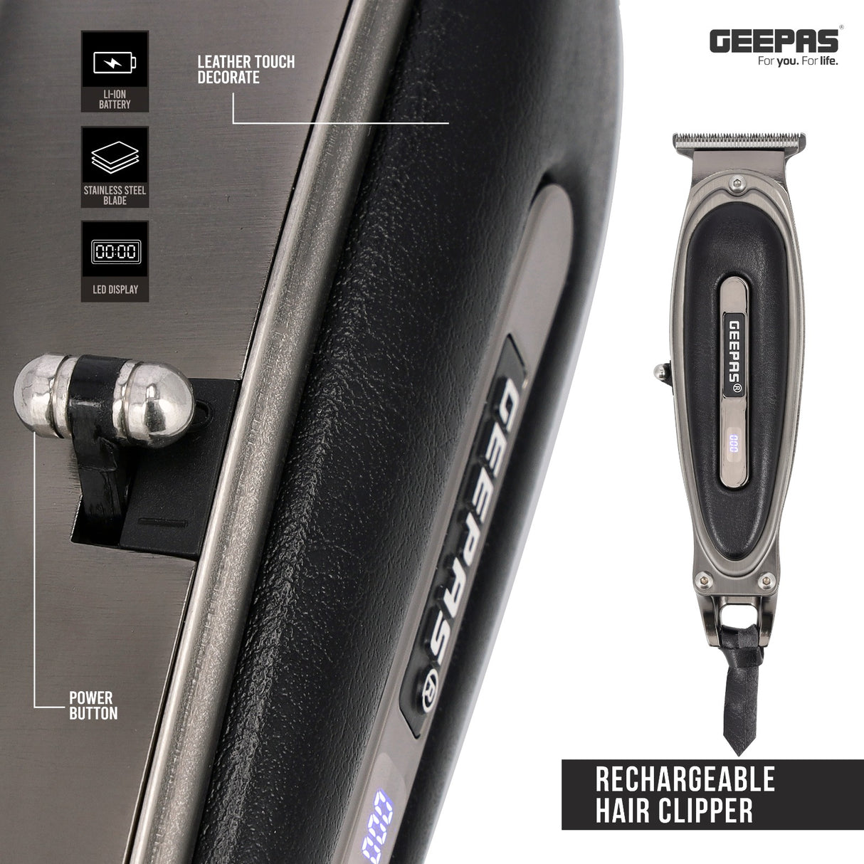 Geepas GTR56044 Rechargeable Hair Clipper |Zero-Cut Stainless Steel T-Blade| LED Display| Li-ion Battery|Type-C Charging| Metal Body| Leather Touch Decor| 2-Year Warranty