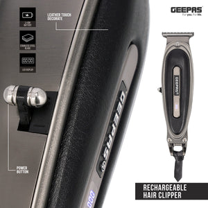 Geepas GTR56044 Rechargeable Hair Clipper |Zero-Cut Stainless Steel T-Blade| LED Display| Li-ion Battery|Type-C Charging| Metal Body| Leather Touch Decor| 2-Year Warranty