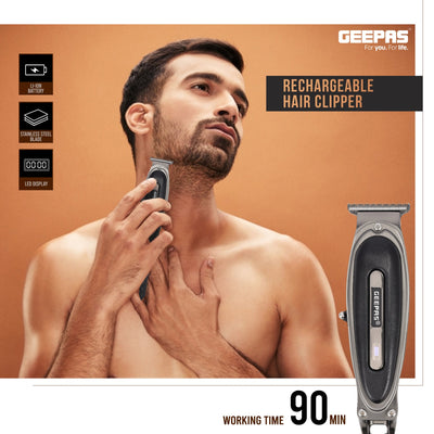 Geepas GTR56044 Rechargeable Hair Clipper |Zero-Cut Stainless Steel T-Blade| LED Display| Li-ion Battery|Type-C Charging| Metal Body| Leather Touch Decor| 2-Year Warranty