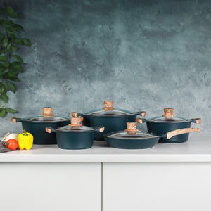 RoyalFord RoyalEmerald 10-Piece Granite Coated Die-Cast Cookware Set – Induction Compatible, Non-Stick, Dishwasher Safe