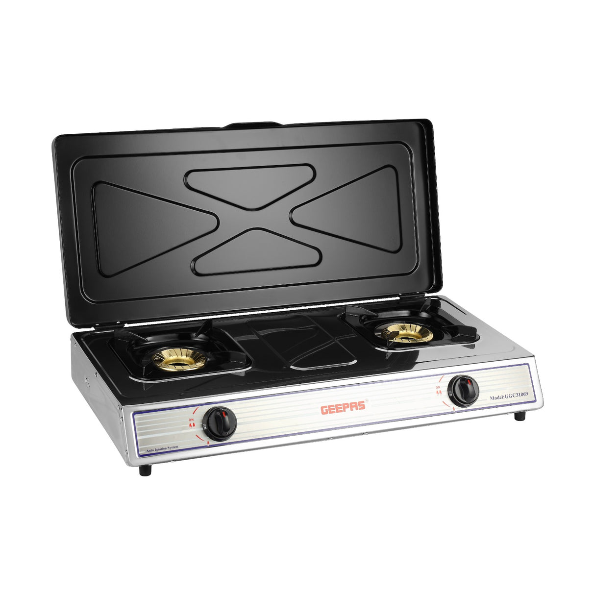 Geepas GGC31069 Stainless Steel Gas Cooker | Heavy Duty Cast Iron Burners| Automatic Ignition System| Polished Durable Frame & Gas Saving Design for Efficient  Cooking
