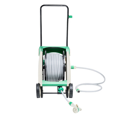 Geepas GWH59058 40M 1/2 Inch Water Hose Reel | Foot Pedal Retraction | Foldable Handle| Two Wheels | Auto Track Hose Guide | Spray Nozzle & Full Garden Fittings Kit