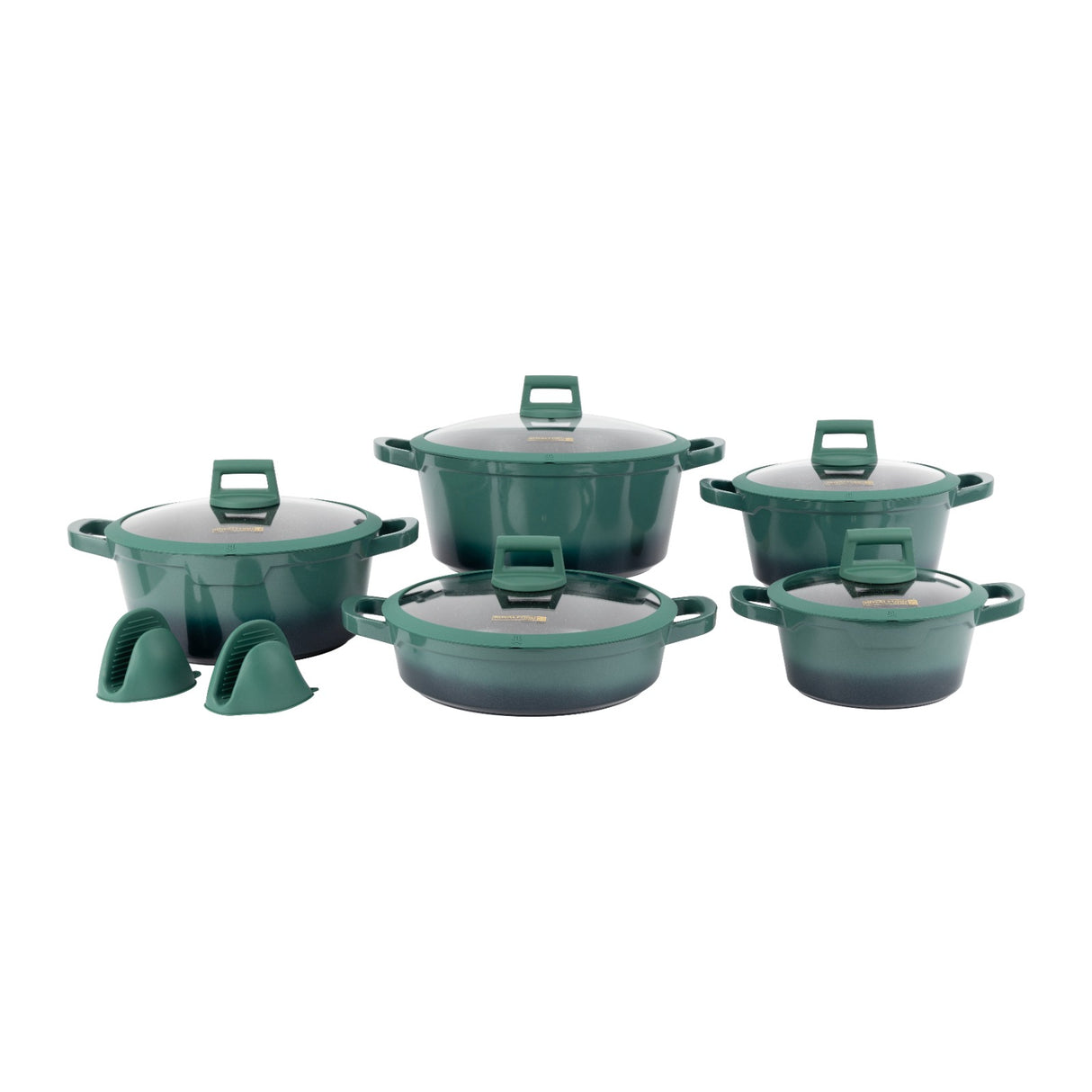 Royalford RF12950  12 Pcs Die-Cast Cookware Set | Premium Granite Coated Non-Stick Induction Ready Casseroles with Glass Lids, Silicone Pot Holders & 6 Layer Build