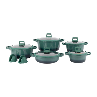 Royalford RF12950  12 Pcs Die-Cast Cookware Set | Premium Granite Coated Non-Stick Induction Ready Casseroles with Glass Lids, Silicone Pot Holders & 6 Layer Build
