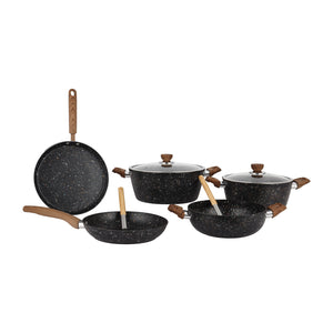 Royalford RF12754 Multistone Forged Aluminium 9-Piece Cookware Set | Granite Non-Stick Coating | Induction Compatible Pots & Pans with Glass Lids and Soft Touch Handles