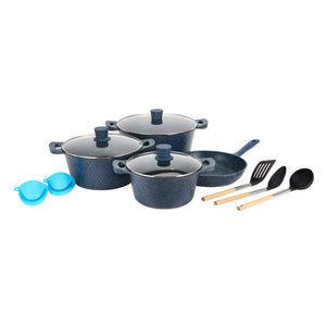 Royalford RF12488 Chef Pride Die-Cast 12-Piece Granite Coated Cookware Set with Glass Lids | Induction Compatible Pots & Pans for Everyday Home Kitchen Cooking Needs
