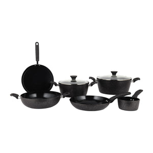 Royalford RF12771 PRIDO Forged Aluminium Cookware Set 8 PCS | Ceramic Coated Non Stick Interior| Durable 4mm Edge| Tempered Glass Lid Pots & Pans Set for Daily Cooking