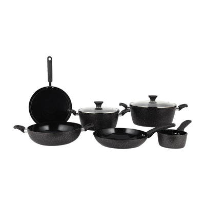 Royalford RF12771 PRIDO Forged Aluminium Cookware Set 8 PCS | Ceramic Coated Non Stick Interior| Durable 4mm Edge| Tempered Glass Lid Pots & Pans Set for Daily Cooking