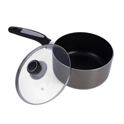 RoyalFord RF2961 18cm Non-Stick Aluminium Saucepan with Glass Lid |  Induction Compatible | Multipurpose Cooking Pan |Durable Non-Stick Interior | Easy to Clean