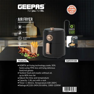Geepas Air Fryer- GAF37516N| 1200W| 1.8 L Capacity| VORTX Air Frying Technology| Oil Free Cooking| Adjustable Timer and Temperature| 1-30 Minutes Timer| 2 Years Warranty