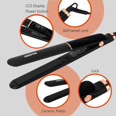 Geepas GHS86003 Professional Digital Hair Straightener | Ceramic Plate | 230°C | LED display | Adjustable temperature control | Slim, ergonomic design | Lockable handle
