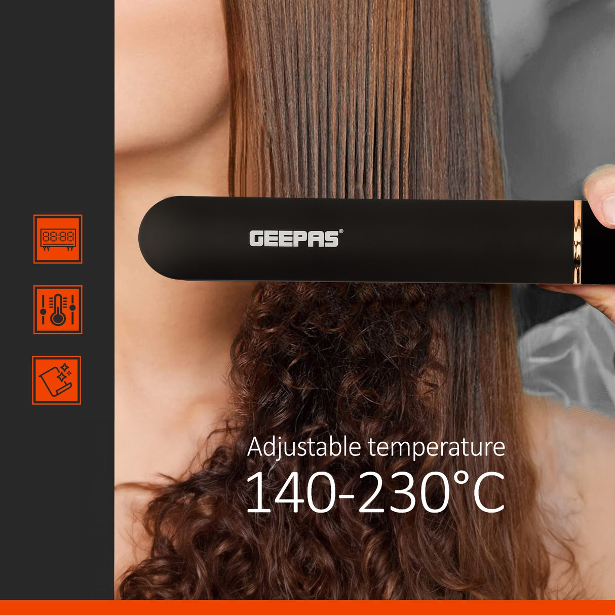 Geepas GHS86003 Professional Digital Hair Straightener | Ceramic Plate | 230°C | LED display | Adjustable temperature control | Slim, ergonomic design | Lockable handle